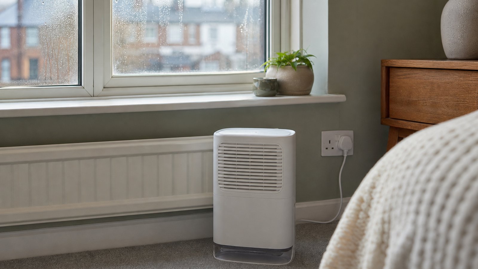 Compact dehumidifier beside a misted UK window