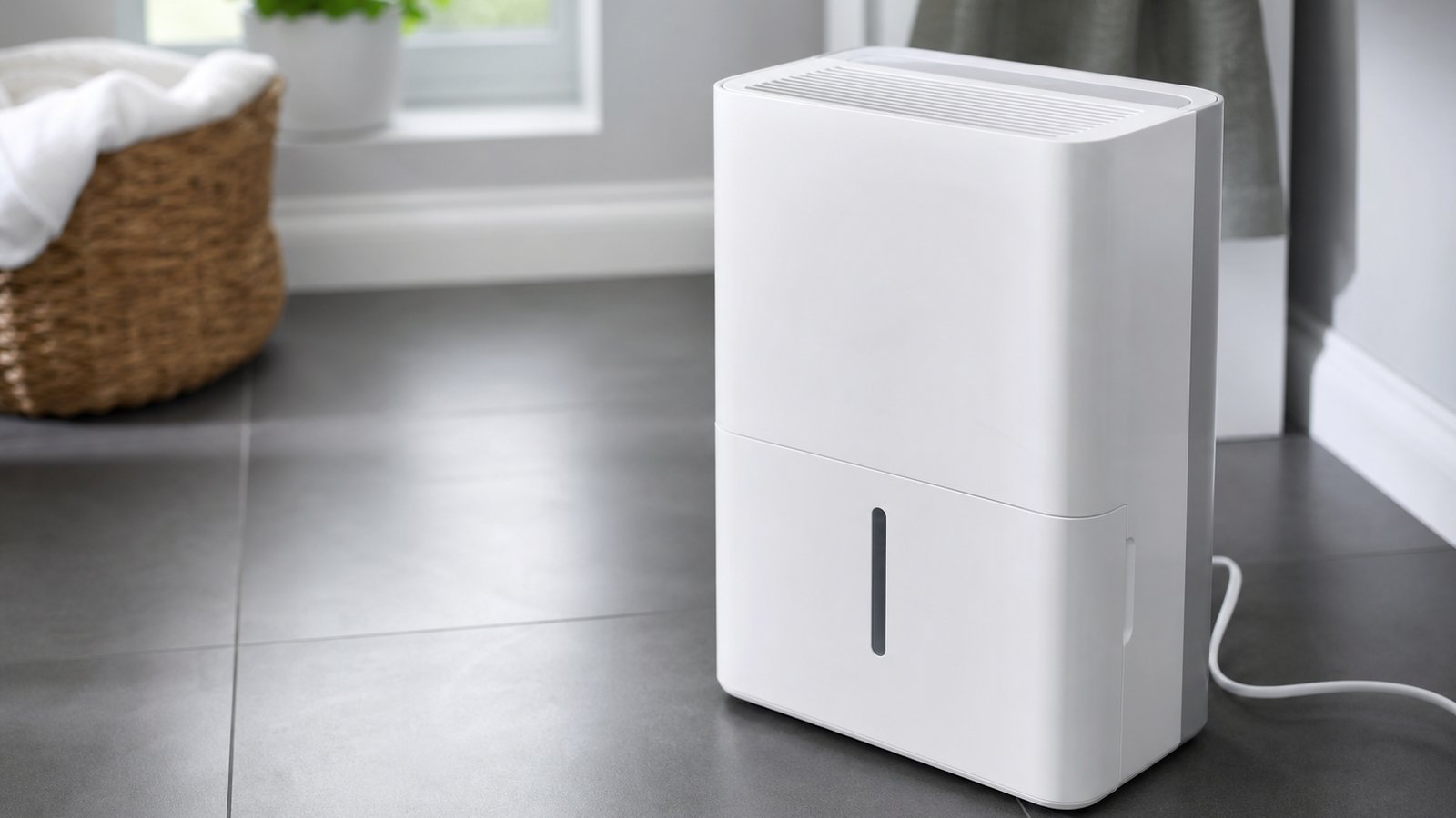 Compact white dehumidifier in a UK home damp-control scene