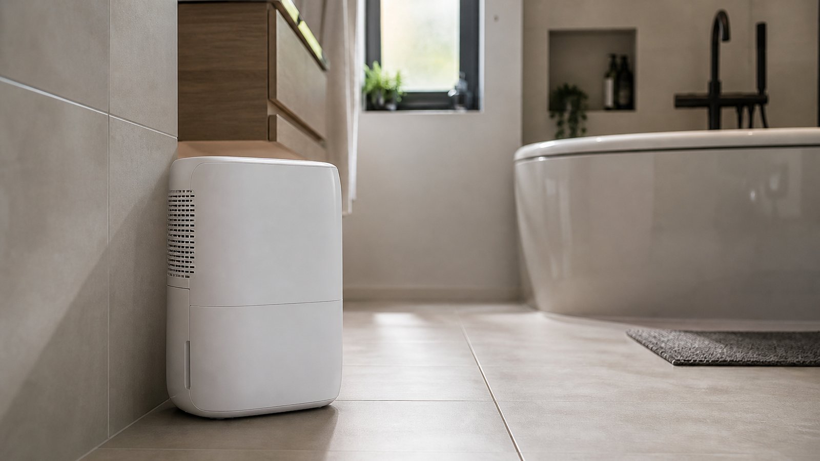 Compact dehumidifier positioned outside the bathroom splash zone
